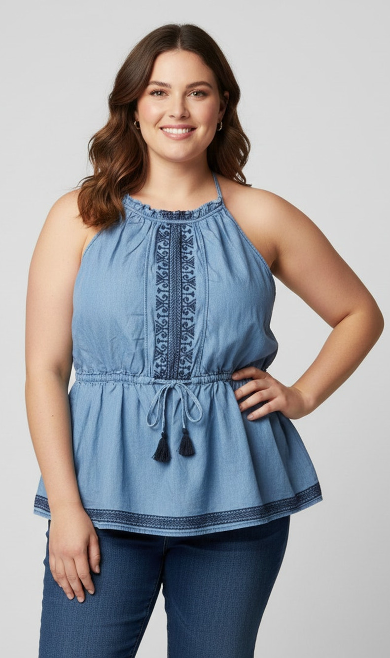 Lane Bryant Women 22W Blue Chambray Embroidered High Neck Tank Top
